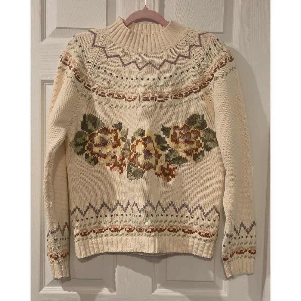 Vintage Eddie Bauer Floral Sweater Small 100% Cotton Thick Embroidered Cottage
